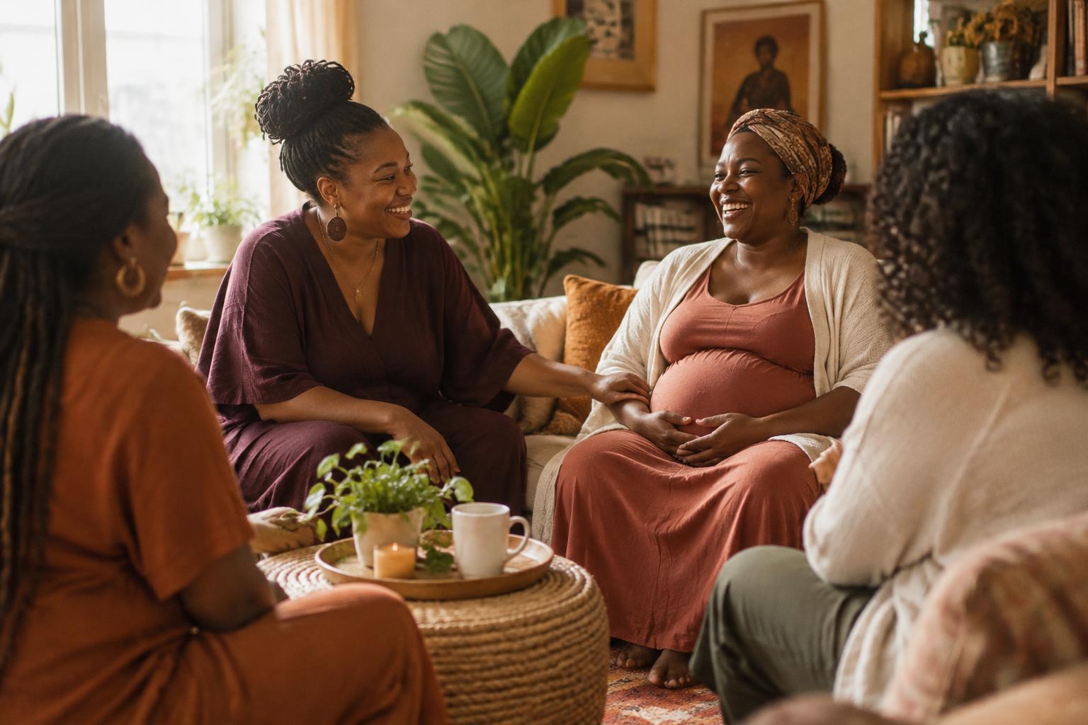 A group of Black women, including an expectant mother, talking and laughing together in a warm living room